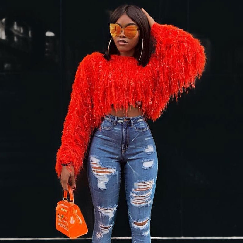 Crochet Knit Fringe Long Sleeve Cropped Sweater - Red