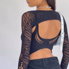 Knitted Ladder Cut Out Long Sleeve Layered Shrug Crop Top - Black