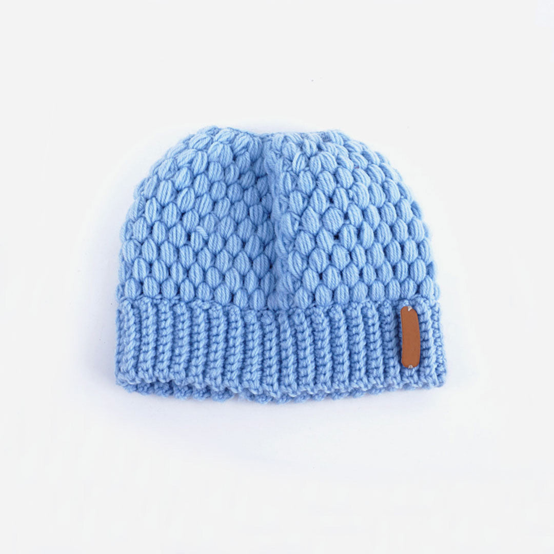 Seed Stitch Ponytail Beanie Winter Knit Hat