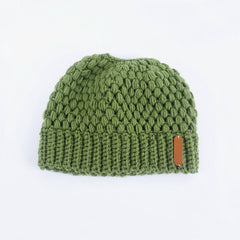 Seed Stitch Ponytail Beanie Winter Knit Hat