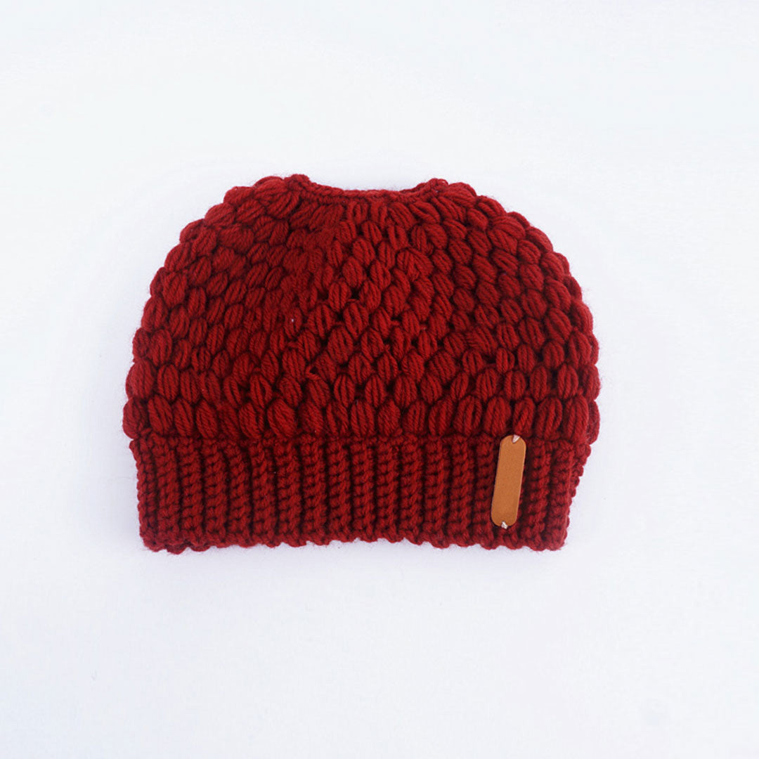 Seed Stitch Ponytail Beanie Winter Knit Hat