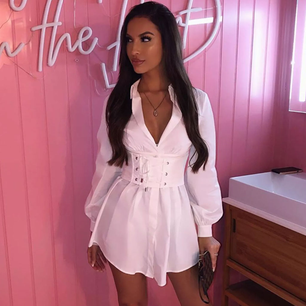 Belted Long Sleeve Button Down Mini Shirt Dress - White