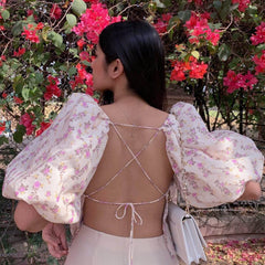 Lace Up Backless Floral Printed Puff Sleeve Crop Top - Beige