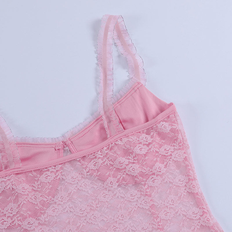 Scoop Neck Sheer Lace Crop Tank Top - Pink