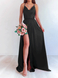 Solid Color V Neck Spaghetti Strap Slit Dress