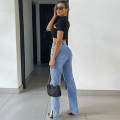 Cut Out High Waist Side Slit Wide Leg Jeans - Blue