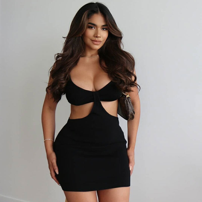 Ribbed Deep V Neck Cut Out Party Mini Dress