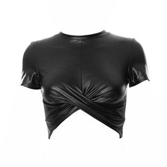 Twist Front Crew Neck Short Sleeve Crop Top - Black