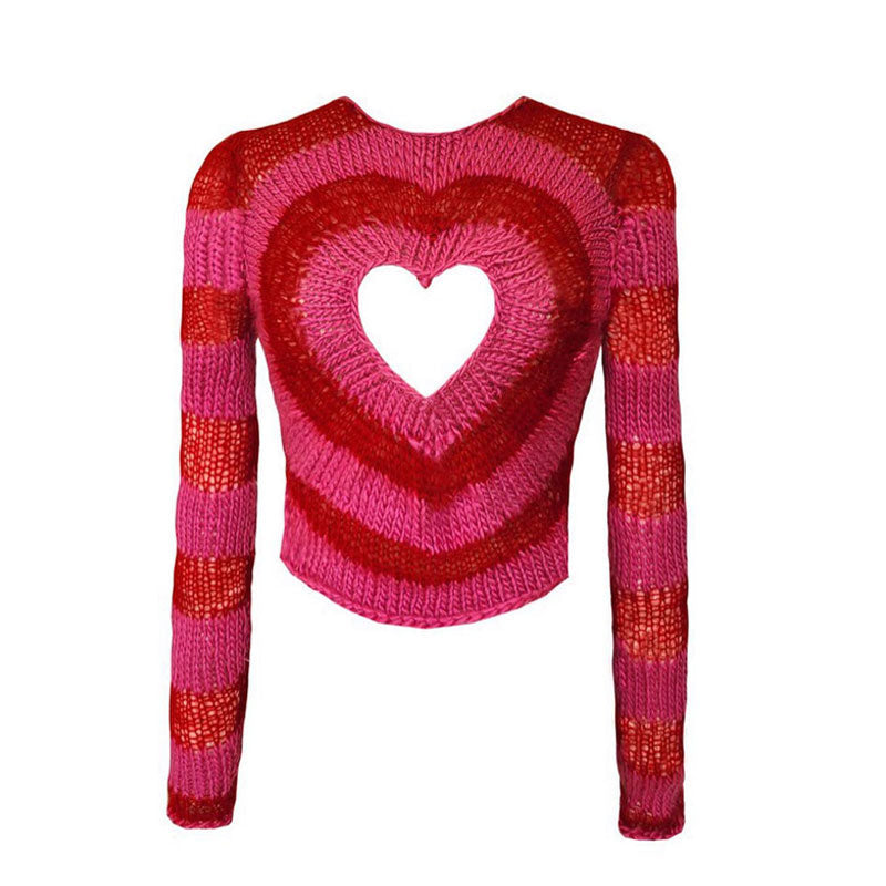 Unique Heart Cut Out Crew Neck Long Sleeve Cropped Sweater - Red