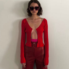 Unique Letter Chain Open Front Long Sleeve Ribbed Crop Cardigan - Red