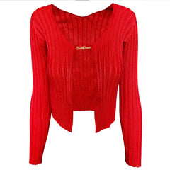 Unique Letter Chain Open Front Long Sleeve Ribbed Crop Cardigan - Red