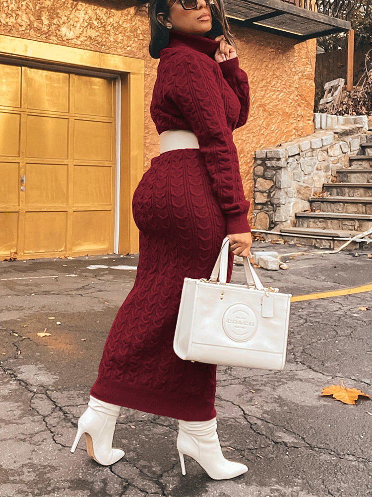 Ribbed Knitted High Neck Midi Dress