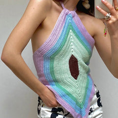 Vacation Ready Striped Panel Backless Knitted Halter Top - Multicolor