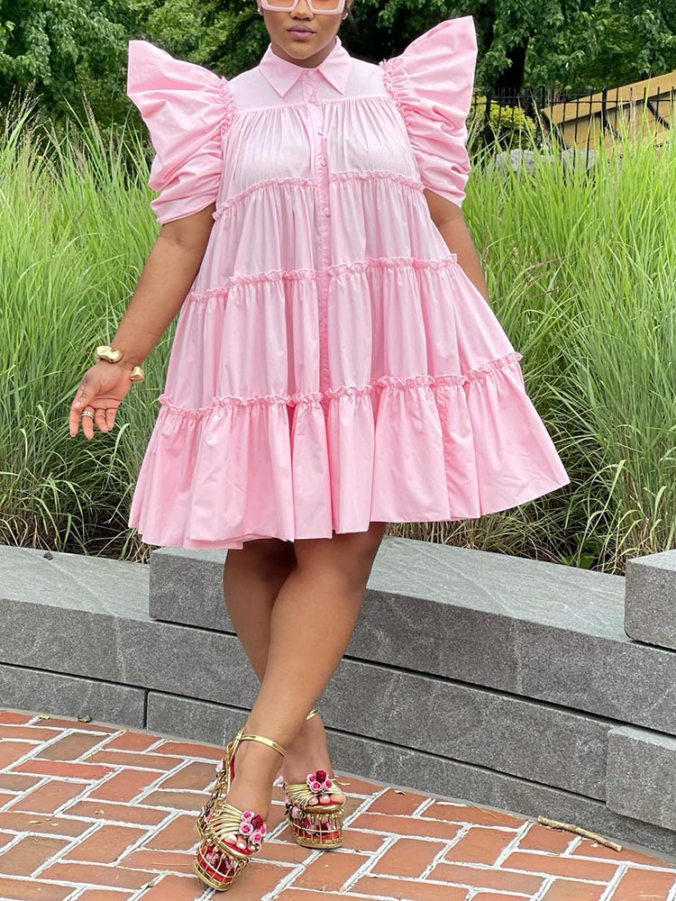 Puff Sleeve Ruffle Shirt Dress