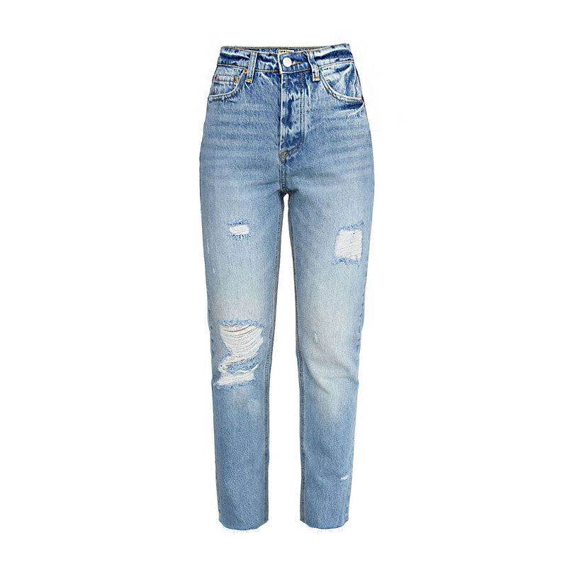 Cut Out Faded Frayed Straight Leg Jeans - Light Blue