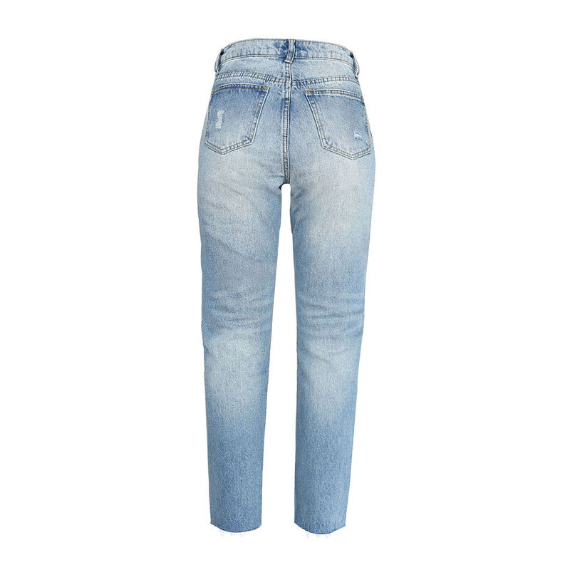 Cut Out Faded Frayed Straight Leg Jeans - Light Blue