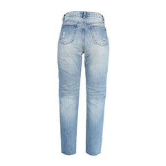 Cut Out Faded Frayed Straight Leg Jeans - Light Blue