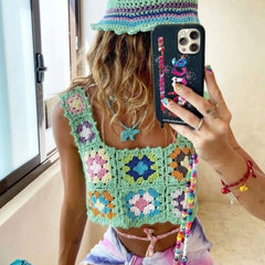 Floral Pullover Square Neck Crochet Knit Tank Top - Mint