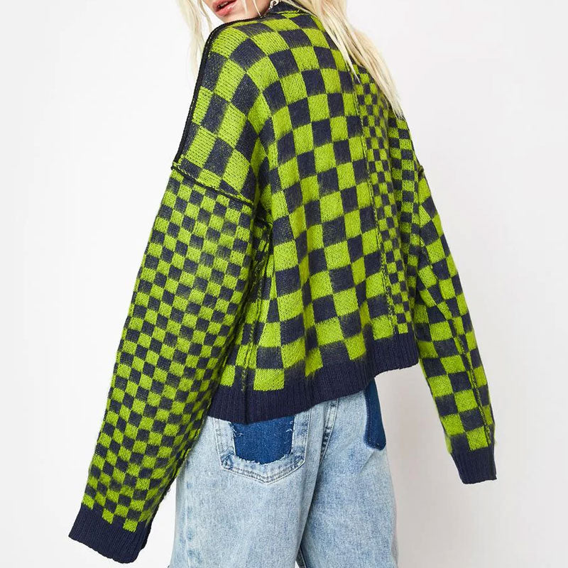 Vintage Checkered Pattern Long Sleeve Knitted Crop Sweater - Green