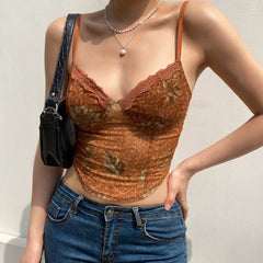 Vintage Spitzen-Tanktop mit herzförmigem Ausschnitt und Blumenmuster - Braun