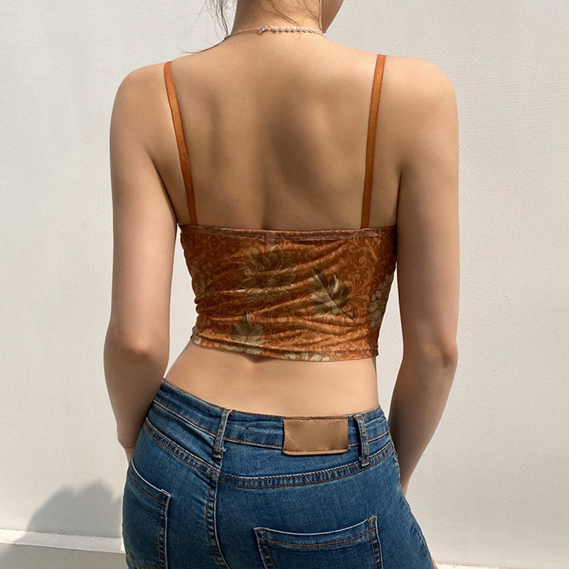 Vintage Spitzen-Tanktop mit herzförmigem Ausschnitt und Blumenmuster - Braun