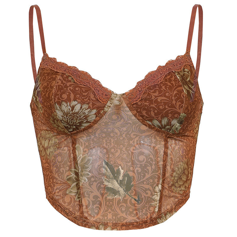 Vintage Spitzen-Tanktop mit herzförmigem Ausschnitt und Blumenmuster - Braun