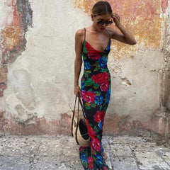 Maxikleid mit Wasserfallausschnitt und Blumenmuster im Vintage-Stil - Schwarz