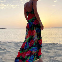 Maxikleid mit Wasserfallausschnitt und Blumenmuster im Vintage-Stil - Schwarz