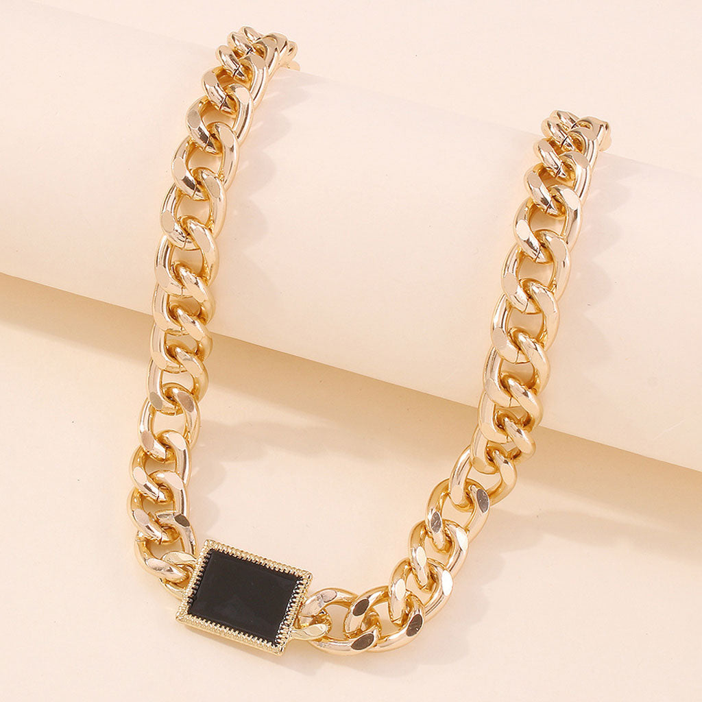 Vintage Style Onyx Helio Charm Chunky Chain Choker Necklace - Gold