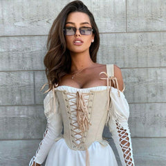 Vintage Style Edge Lace Up Boned Crop Corset Top - Apricot