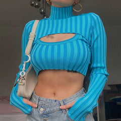 Weird Striped High Neck Long Sleeve Crop Sweater - Blue