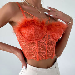 Sweetheart Neck Sheer Lace Crop Corset Top - Orange