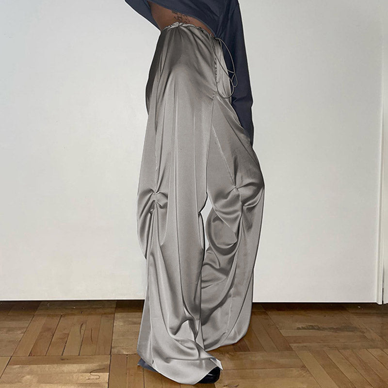 Low Waist Drawstring Satin Wide Leg Baggy Pants - Gray