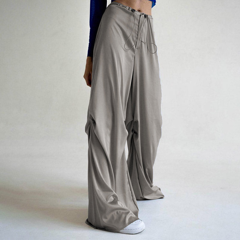 Low Waist Drawstring Satin Wide Leg Baggy Pants - Gray