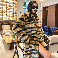 Animal Print Open Front Collared Teddy Trench Coat - Tiger