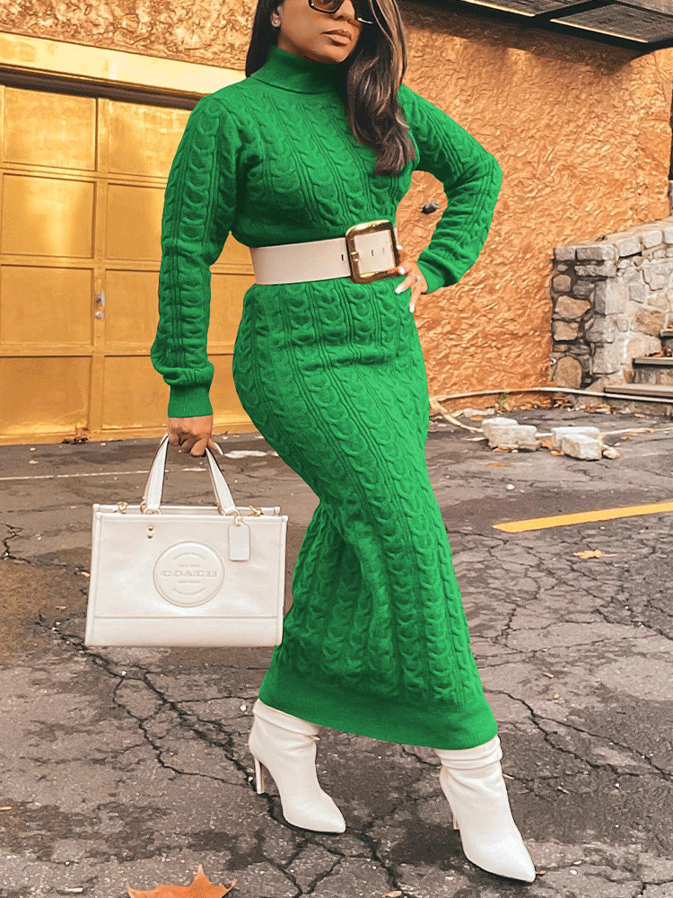 Ribbed Knitted High Neck Midi Dress