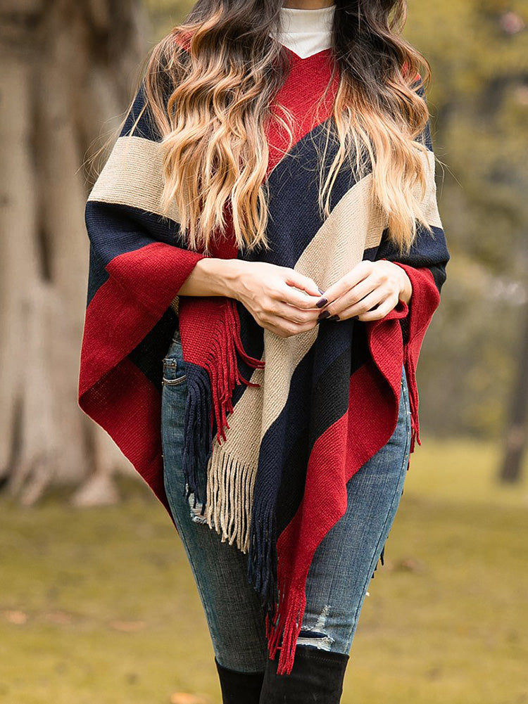 Knitted Striped Tassel Poncho
